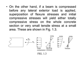 • On the other hand, if a beam is compressed
before any lateral exterior load is applied,
superposition of flexure stresses and initial
compressive stresses will yield either totally
compressive stress on the whole concrete
section or very small tensile stress at a small
area. These are shown in Fig. 1.3.
+ = or
Mex
Nin
comp.
initial
compression
Bending
stresses
comp. comp.
Tension
FIG. 1.3
 