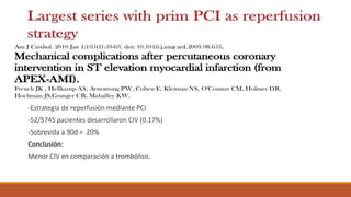 -Estrategia de reperfusión mediante PCI
-52/5745 pacientes desarrollaron CIV (0.17%)
-Sobrevida a 90d = 20%
Conclusión:
Menor CIV en comparación a trombólisis.
 