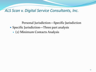 ALS Scan v. Digital Service Consultants, Inc.
Personal Jurisdiction—Specific Jurisdiction
 Specific Jurisdiction—Three pa...