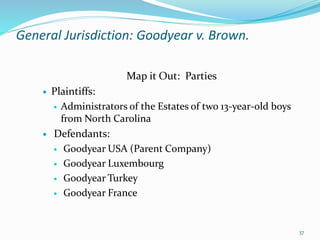 General Jurisdiction: Goodyear v. Brown.
Map it Out: Parties
 Plaintiffs:
 Administrators of the Estates of two 13-year-...