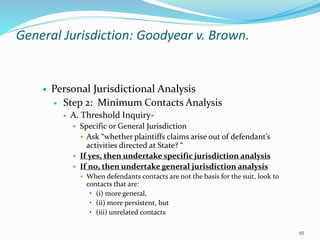 General Jurisdiction: Goodyear v. Brown.
 Personal Jurisdictional Analysis
 Step 2: Minimum Contacts Analysis
 A. Thres...