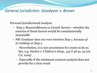 General Jurisdiction: Goodyear v. Brown
Personal Jurisdictional Analysis
 Step 3: Reasonableness or Gestalt factors—wheth...