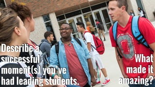 Describe a
successful
moment(s) you’ve
had leading students.
What
made it
amazing?
 