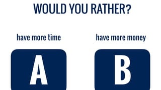 WOULD YOU RATHER?
have more money have more time
A B
 