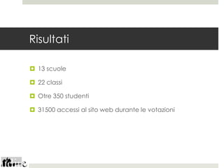 Risultati

 13 scuole

 22 classi

 Otre 350 studenti

 31500 accessi al sito web durante le votazioni
 