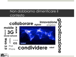 Non dobbiamo dimenticare il
             contesto




                                                   globalizzazione
                                   innovazione
           collaborare digitale        progresso
mobile
                     www




           3G
internet




social network
Web 2.0
           tablet




                    Android

                    iOS

                           condividere
           iPad
                                         robot
           iPhone
 