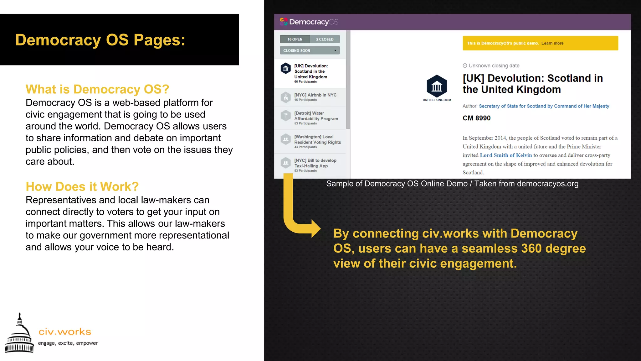 Democracy OS Pages:
What is Democracy OS?
Democracy OS is a web-based platform for
civic engagement that is going to be used
around the world. Democracy OS allows users
to share information and debate on important
public policies, and then vote on the issues they
care about.
How Does it Work?
Representatives and local law-makers can
connect directly to voters to get your input on
important matters. This allows our law-makers
to make our government more representational
and allows your voice to be heard.
Sample of Democracy OS Online Demo / Taken from democracyos.org
By connecting civ.works with Democracy OS,
users can have a seamless 360 degree view of
their civic engagement. Focus on outcome-
based consensus building to move beyond
political ideological entrenchment of today.
 