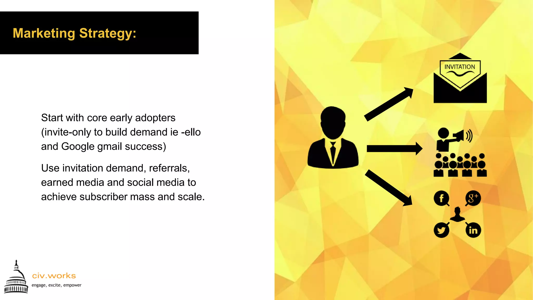 Start with core early adopters
(invite-only to build demand ie -ello
and Google gmail success)
Use invitation demand, referrals,
earned media and social media to
achieve subscriber mass and scale.
Marketing Strategy:
 