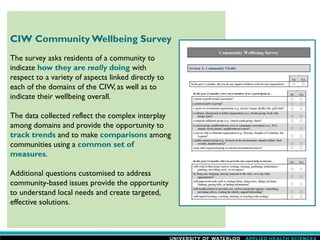 CIW Community Wellbeing Survey
The survey asks residents of a community to
indicate how they are really doing with
respect to a variety of aspects linked directly to
each of the domains of the CIW, as well as to
indicate their wellbeing overall.
The data collected reflect the complex interplay
among domains and provide the opportunity to
track trends and to make comparisons among
communities using a common set of
measures.
Additional questions customised to address
community-based issues provide the opportunity
to understand local needs and create targeted,
effective solutions.
 