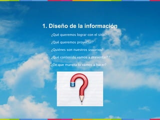 1. Diseño de la información
  •¿Qué queremos lograr con el sitio?

  •¿Qué queremos proyectar?

  •¿Quiénes son nuestros usuarios?

  •¿Qué contenido vamos a presentar? *

  •¿De que manera lo vamos a hacer?
 