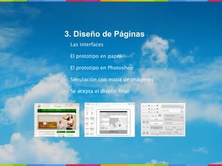 3. Diseño de Páginas
 Las interfaces

 El prototipo en papel

 El prototipo en Photoshop

 Simulación con mapa de imágenes

 Se acepta el diseño ﬁnal
 