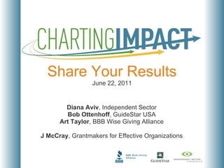 Diana Aviv , Independent Sector Bob Ottenhoff , GuideStar USA Art Taylor , BBB Wise Giving Alliance J McCray , Grantmakers for Effective Organizations Share Your Results June 22, 2011 