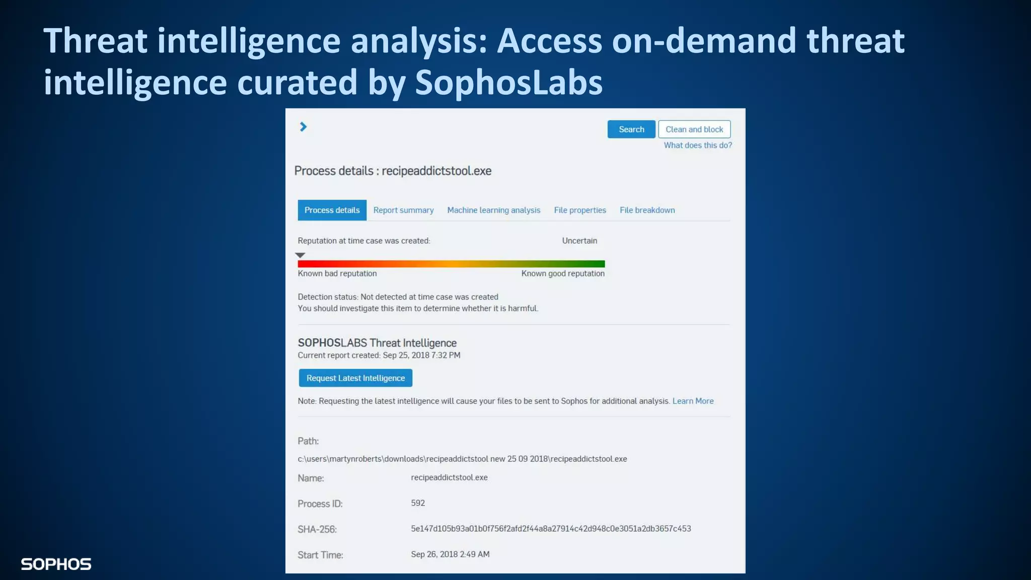 Threat intelligence analysis: Access on-demand threat
intelligence curated by SophosLabs
 