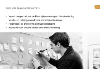 4
Onze visie op customer journeys
• Vanuit perspectief van de klant kijken naar eigen dienstverlening
• Inzicht- en richtinggevend voor omnichannelstrategie
• Hulpmiddel bij prioritering en budgetbesteding
• Inspiratie voor nieuwe ideeën voor dienstverlening
 