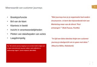 9
Meerwaarde van customer journeys
• Breekijzerfunctie
• Bril van de klant
• Klantreis in beeld
• Inzicht in verantwoordelijkheden
• Plotten van data/bepalen van acties
• Laagdrempelig “In tijd van data-obesitas helpt een customer
journey je doelgericht om te gaan met data.”
(Maurice Bölte, Rabobank)
“Met journeys kun je je organisatie heel anders
structureren. Je bent dan bijvoorbeeld niet van
Marketing maar van de dienst ‘Post
ontvangen’.” (Rob Paauw, PostNL)
Tip: “Zet customer journey mapping in om een beter beeld te krijgen wat
er naast scherminteractie nog meer nodig is, zoals notificaties en
andersoortige triggers”. (Jennie Huijboom, ABN AMRO)
 