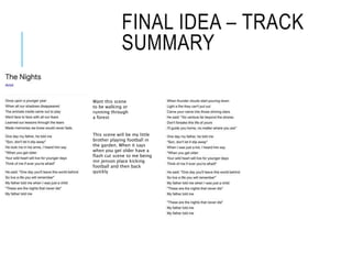 FINAL IDEA – TRACK
SUMMARY
Want this scene
to be walking or
running through
a forest
This scene will be my little
brother playing football in
the garden. When it says
when you get older have a
flash cut scene to me being
inn jenson place kicking
football and then back
quickly
 
