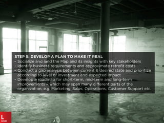 STEP 5: DEVELOP A PLAN TO MAKE IT REAL
• Socialize and land the Map and its insights with key stakeholders
• Identify business requirements and approximate retroﬁt costs
• Conduct a gap analysis between current & desired state and prioritize
according to level of investment and expected impact
• Develop a roadmap for short-term, mid-term and long-term
improvements – which may span many different parts of the
organization, e.g. Marketing, Sales, Operations, Customer Support etc.
 