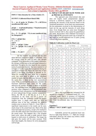 Mayur Lunawat, Aquibjaved Momin, Varun Nirantar, Abhishek Deshmukh / International
 Journal of Engineering Research and Applications (IJERA) ISSN: 2248-9622 www.ijera.com
                      Vol. 2, Issue 5, September- October 2012, pp.509-515
                                                   8. IMPACT ON HEART RATE WITH AGE
INPUT: Video Intensity for a Time window (T)          & PHYSICAL INTENSITY
                                                                     The approach uses observational data and
OUTPUT: Calibrated Heart Rate(CHR)                         does not require much computational analysis,
                                                           however a sensitivity analysis is very helpful in
N ← no of peaks in Window /*N x 60/TGives                  predicting the outcome of the decision based on the
uncalibrated HR value*/                                    situational parameters. In the heart rate measurement,
                                                           the key parameters involved in the determination of
pk2pk ← AvgPeaktoPeaktime /*Timebetweentwo                 heart are the age and the intensity of work being
consecutive peaks*/                                        done. Even though there are some more biological
                                                           factors involved with it, they cannot be quantified at
Ex ← T – N x pk2pk / *Ex is non considered time            this point. Researchers from Oakland University[7]
for Datapoints*/                                           have predicted the maximum heart rate of people by
                                                           age based on records collected over 25 years, giving
if Ex >= pk2pk then                                        rise to a non-linear equation
N ←N+1
end if                                                     Table 8.1 Calibration results for Heart rate
if Ex >= pk2pk / 2 then
N ← N – (pk2pk - Ex ) x 60 / T
end if

CHR ← N x 60/ T

          for the window are counted and the time
taken between consecutive peaks is calculated. Then
the average value for peak to peak time (pk2pk)
computed. If the occurrence of the peaks is harmonic,
the average will be same as an individual consecutive
peak time. This gives the time taken for one complete
cycle of systole and diastole. The wave marked in red
in Figure 2.7 is the region that is neglected during the
calculation of heart rate. Hence the total time of data
which is not being considered is denoted as Ex.
When Ex exceeds the time taken for a complete
cycle, one more peak is added to the calculated
number of peaks and the difference between Ex and
the cycle time is taken as the new unconsidered
value. If Ex exceeds half the cycle time, calculate the
fractional calibration time value for the peaks,
otherwise the number of peaks is taken as the heart
rate. The calibrated heart rate values showed greater
accuracy when compared to the un-calibrated data.
Commercial heart rate monitors had the same amount
of error induced due to time window computation.                    HR is the exact heart rate estimated for 60
Hence, the HR for a full 60 sec or 2 x 30 is               seconds in a dataset; C - Calibrated result; UC – Un-
considered as the heart rate of a person for               calibrated result; Acc.% is accuracy of Calibrated
comparison with the calibrated results of smaller          data; Imp.% is improvement of accuracy in calibrated
window sizes. A single user's data set, taken at           data from un-calibrated data for determining the
different time of the day, calibrated for different        HRmax .
window sizes is shown in Table 8.1. From Table 8.1,
significant improvement in the results can be seen,        Equation 2
much closer to the actual heart rate. Most of the data     HRmax = 191:5 - (0:007 x age2)
items had improved accuracy, except a few marked in
red in the table which show decreased accuracy from
the actual result. This happens due o the irregular                  Gellish[8], proved the predicted heart rate
heart cycle, where the peak to peak interval varies        lies in a tight range between ± 2 - 5bpm for average
largely to yield errors in calibration. The longer the     individuals. However, the values vary within a wider
data gets, the results will be more accurate. With         range for athletes. The actual
short data lengths, the chances for error propagation
will be high.

                                                                                                  514 | P a g e
 