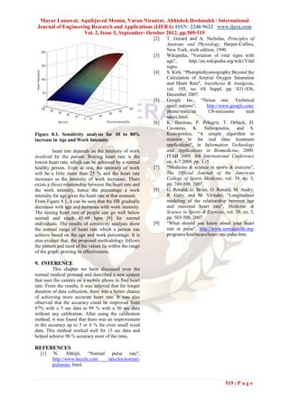 Mayur Lunawat, Aquibjaved Momin, Varun Nirantar, Abhishek Deshmukh / International
 Journal of Engineering Research and Applications (IJERA) ISSN: 2248-9622 www.ijera.com
                     Vol. 2, Issue 5, September- October 2012, pp.509-515
                                                          [2]   T. Gerard and A. Nicholas, Principles of
                                                                Anatomy and Physiology, Harper-Collins,
                                                                New York, sixth edition, 1990.
                                                          [3]   Wikipedia, “Variation of vital signs with
                                                                age",       http://en.wikipedia.org/wiki/Vital
                                                                signs.
                                                          [4]   S. Kirk, “Photoplethysmography:Beyond the
                                                                Calculation of Arterial Oxygen Saturation
                                                                and Heart Rate", Anesthesia & Analgesia,
                                                                vol. 105, no. 6S Suppl, pp. S31-S36,
                                                                December 2007.
                                                          [5]   Google Inc., “Nexus one: Technical
                                                                speci_cations",       http://www.google.com/
                                                                phone/static/en        US-nexusone       tech
                                                                specs.html.
                                                          [6]   K. Banitsas, P. Pelegris, T. Orbach, D.
                                                                Cavouras, K. Sidiropoulos, and S.
Figure 8.1. Sensitivity analysis for 10 to 80%                  Kostopoulos, “A simple algorithm to
increase in Age and Work Intensity                              monitor hr for real time treatment
                                                                applications", in Information Technology
          heart rate depends on the intensity of work           and Applications in Biomedicine, 2009.
involved by the person. Resting heart rate is the               ITAB 2009. 9th International Conference
lowest heart rate, which can be achieved by a normal            on, 4-7 2009, pp. 1 -5.
healthy person. Even at rest, the intensity of work       [7]   “Medicine & science in sports & exercise",
will be a little more than 25 % and the heart rate              The Official Journal of the American
increases as the intensity of work increases. There             College of Sports Medicine, vol. 39, no. 5,
exists a direct relationship between the heart rate and         pp. 749-898, 2007.
the work intensity, hence the percentage a work           [8]   G. Ronald, G. Brian, O. Ronald, M. Audry,
intensity for age gives the heart rate at that moment.          R. Gary, and M. Virinder, “Longitudinal
From Figure 8.1, it can be seen that the HR gradually           modeling of the relationship between age
decreases with age and increases with work intensity.           and maximal heart rate", Medicine &
The resting heart rate of people can go well below              Science in Sports & Exercise, vol. 39, no. 5,
normal and reach 45-60 bpm [9] for normal                       pp. 503-508, 2007.
individuals. The results of sensitivity analysis show     [9]   “What should you know about your heart
the normal range of heart rate which a person can               rate or pulse", http://www.nemahealth.org/
achieve based on the age and work percentage. It is             programs/healthcare/heart rate pulse.htm.
also evident that, the proposed methodology follows
the pattern and most of the values lie within the range
of the graph, proving its effectiveness.

9. INFERENCE
         This chapter we have discussed over the
normal medical protocol and described a new system
that uses the camera on a mobile phone to find heart
rate. From the results, it was inferred that for longer
duration of data collection, there was a better chance
of achieving more accurate heart rate. It was also
observed that the accuracy could be improved from
87% with a 5 sec data to 99 % with a 30 sec data
without any calibration. After using the calibration
method, it was found that there was an improvement
in the accuracy up to 5 or 6 % for even small sized
data. This method worked well for 15 sec data and
helped achieve 98 % accuracy most of the time.

REFERENCES
  [1]    N. Abhijit, “Normal pulse rate",
         http://www.buzzle.com /articles/normal-
         pulserate. html.


                                                                                              515 | P a g e
 