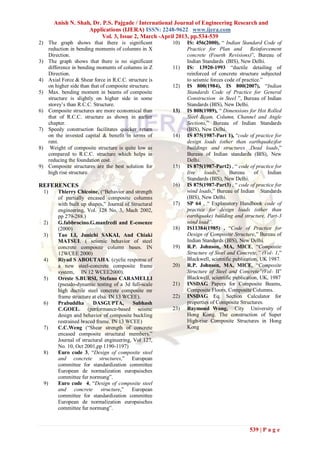 Anish N. Shah, Dr. P.S. Pajgade / International Journal of Engineering Research and
                    Applications (IJERA) ISSN: 2248-9622 www.ijera.com
                         Vol. 3, Issue 2, March -April 2013, pp.534-539
2) The graph shows that there is significant           10)   IS: 456(2000), ― Indian Standard Code of
   reduction in bending moments of columns in X              Practice for Plan and Reinforcement
   Direction.                                                concrete (Fourth Revisions)‖, Bureau of
3) The graph shows that there is no significant              Indian Standards (BIS), New Delhi.
   difference in bending moments of columns in Z       11)   IS: 13920-1993 ―ductile detailing of
   Direction.                                                reinforced of concrete structure subjected
4) Axial Force & Shear force in R.C.C. structure is          to seismic forces code of practice.‖
   on higher side than that of composite structure.    12)   IS 800(1984), IS 800(2007), ―Indian
5) Max. bending moment in beams of composite                 Standards Code of Practice for General
   structure is slightly on higher side in some              Construction in Steel ‖, Bureau of Indian
   storey’s than R.C.C. Structure.                           Standards (BIS), New Delhi.
6) Composite structures are more economical than       13)   IS 808(1989), ― Dimensions for Hot Rolled
   that of R.C.C. structure as shown in earlier              Steel Beam, Column, Channel and Angle
   chapter.                                                  Sections,‖ Bureau of Indian Standards
7) Speedy construction facilitates quicker return            (BIS), New Delhi.
   on the invested capital & benefit in terms of       14)   IS 875(1987-Part 1), ―code of practice for
   rent.                                                     design loads (other than earthquake)for
8) Weight of composite structure is quite low as             buildings and structures ,Dead loads,‖
   compared to R.C.C. structure which helps in               Bureau of Indian standards (BIS), New
   reducing the foundation cost.                             Delhi.
9) Composite structures are the best solution for      15)   IS 875(1987-Part2) , ― code of practice for
   high rise structure.                                      live    loads,‖     Bureau      of   Indian
                                                             Standards (BIS), New Delhi.
REFERENCES                                             16)   IS 875(1987-Part3) , ― code of practice for
  1)    Thierry Chicoine, (―Behavior and strength            wind loads,‖ Bureau of Indian Standards
        of partially encased composite columns               (BIS), New Delhi.
        with built up shapes,‖ Journal of Structural   17)   SP 64 , ― Explanatory Handbook code of
        engineering, Vol. 128 No. 3, Mach 2002,              practice for design loads (other than
        pp 279-288.)                                         earthquake) building and structure, Part-3
  2)    G.fabbrocino.G.manfredi and E-cosenze                wind load”.
        (2000)                                         18)   IS11384(1985) , ―Code of Practice for
  3)    Tao LI, Junichi SAKAI, And Chiaki                    Design of Composite Structure,‖ Bureau of
        MATSUI. ( seismic behavior of steel                  Indian Standards (BIS), New Delhi.
        concrete composite column bases. IN            19)   R.P. Johnson, MA, MICE, ―Composite
        12WCEE 2000)                                         Structure of Steel and Concrete,” (Vol- 1,‖
  4)    Riyad S ABOUTAHA. (cyclic response of                Blackwell, scientific publication, UK 1987.
        a new steel-concrete composite frame           20)   R.P. Johnson, MA, MICE, ―Composite
        system, IN 12 WCEE2000).                             Structure of Steel and Concrete”(Vol- II‖
  5)    Oreste S.BURSI, Stefano CARAMELLI                    Blackwell, scientific publication, UK, 1987
        (pseudo-dynamic testing of a 3d full-scale     21)   INSDAG Papers for Composite Beams,
        high ductile steel concrete composite mr             Composite Floors, Composite Columns.
        frame structure at elsa. IN 13 WCEE).          22)   INSDAG Eq. Section Calculator for
  6)    Prabuddha       DASGUPTA,          Subhash           properties of Composite Structures.
        C.GOEL. (performance-based seismc              23)   Raymond Wong, City University of
        design and behavior of composite buckling            Hong Kong. The construction of Super
        restrained braced frame. IN 13 WCEE)                 High-rise Composite Structures in Hong
  7)    C.C.Weng (―Shear strength of concrete                Kong
        encased composite structural members.‖
        Journal of structural engineering, Vol 127,
        No. 10, Oct 2001,pp 1190-1197)
  8)    Euro code 3, ―Design of composite steel
        and concrete structures,‖ European
        committee for standardization committee
        European de normalization europaisches
        committee fur normung‖.
  9)    Euro code 4, ―Design of composite steel
        and concrete structure,‖ European
        committee for standardization committee
        European de normalization europaisches
        committee fur normung‖.



                                                                                         539 | P a g e
 