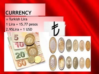  Turkish Lira
1 Lira = 15.77 pesos
2.95Lira = 1 USD
 