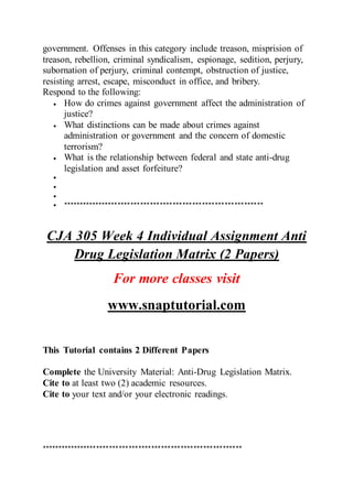 government. Offenses in this category include treason, misprision of
treason, rebellion, criminal syndicalism, espionage, sedition, perjury,
subornation of perjury, criminal contempt, obstruction of justice,
resisting arrest, escape, misconduct in office, and bribery.
Respond to the following:
 How do crimes against government affect the administration of
justice?
 What distinctions can be made about crimes against
administration or government and the concern of domestic
terrorism?
 What is the relationship between federal and state anti-drug
legislation and asset forfeiture?



 **************************************************************
CJA 305 Week 4 Individual Assignment Anti
Drug Legislation Matrix (2 Papers)
For more classes visit
www.snaptutorial.com
This Tutorial contains 2 Different Papers
Complete the University Material: Anti-Drug Legislation Matrix.
Cite to at least two (2) academic resources.
Cite to your text and/or your electronic readings.
**************************************************************
 