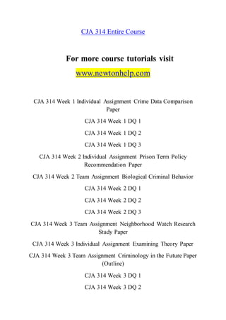 CJA 314 Entire Course
For more course tutorials visit
www.newtonhelp.com
CJA 314 Week 1 Individual Assignment Crime Data Comparison
Paper
CJA 314 Week 1 DQ 1
CJA 314 Week 1 DQ 2
CJA 314 Week 1 DQ 3
CJA 314 Week 2 Individual Assignment Prison Term Policy
Recommendation Paper
CJA 314 Week 2 Team Assignment Biological Criminal Behavior
CJA 314 Week 2 DQ 1
CJA 314 Week 2 DQ 2
CJA 314 Week 2 DQ 3
CJA 314 Week 3 Team Assignment Neighborhood Watch Research
Study Paper
CJA 314 Week 3 Individual Assignment Examining Theory Paper
CJA 314 Week 3 Team Assignment Criminology in the Future Paper
(Outline)
CJA 314 Week 3 DQ 1
CJA 314 Week 3 DQ 2
 