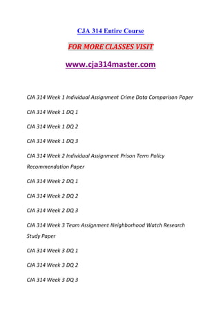 CJA 314 Entire Course
FOR MORE CLASSES VISIT
www.cja314master.com
CJA 314 Week 1 Individual Assignment Crime Data Comparison Paper
CJA 314 Week 1 DQ 1
CJA 314 Week 1 DQ 2
CJA 314 Week 1 DQ 3
CJA 314 Week 2 Individual Assignment Prison Term Policy
Recommendation Paper
CJA 314 Week 2 DQ 1
CJA 314 Week 2 DQ 2
CJA 314 Week 2 DQ 3
CJA 314 Week 3 Team Assignment Neighborhood Watch Research
Study Paper
CJA 314 Week 3 DQ 1
CJA 314 Week 3 DQ 2
CJA 314 Week 3 DQ 3
 