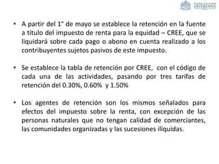 • A partir del 1° de mayo se establece la retención en la fuente
a título del impuesto de renta para la equidad – CREE, que se
liquidará sobre cada pago o abono en cuenta realizado a los
contribuyentes sujetos pasivos de este impuesto.
• Se establece la tabla de retención por CREE, con el código de
cada una de las actividades, pasando por tres tarifas de
retención del 0.30%, 0.60% y 1.50%
• Los agentes de retención son los mismos señalados para
efectos del impuesto sobre la renta, con excepción de las
personas naturales que no tengan calidad de comerciantes,
las comunidades organizadas y las sucesiones ilíquidas.
 