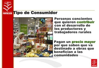 Tipo de Consumidor 
Personas concientes 
que quieren contribuir 
con el desarrollo de 
los productores y 
trabajadores rurales 
Pagan un precio mayor 
por que saben que va 
destinado a obras que 
benefician a las 
comunidades 
 