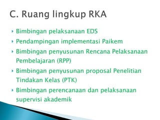 Bimbingan pelaksanaan EDS Pendampingan implementasi Paikem Bimbingan penyusunan Rencana Pelaksanaan Pembelajaran (RPP) Bimbingan penyusunan proposal Penelitian Tindakan Kelas (PTK) Bimbingan perencanaan dan pelaksanaan supervisi akademik 