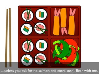... unless you ask for no salmon and extra sushi. Bear with me.
 