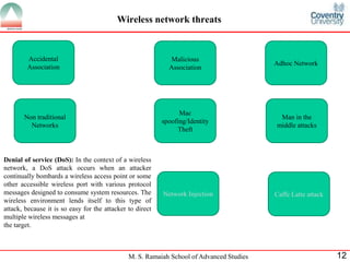 M. S. Ramaiah School of Advanced Studies 12
Wireless network threats
Accidental
Association
Network Injection Caffe Latte attack
Malicious
Association
Denial of service (DoS): In the context of a wireless
network, a DoS attack occurs when an attacker
continually bombards a wireless access point or some
other accessible wireless port with various protocol
messages designed to consume system resources. The
wireless environment lends itself to this type of
attack, because it is so easy for the attacker to direct
multiple wireless messages at
the target.
Adhoc Network
Non traditional
Networks
Mac
spoofing/Identity
Theft
Man in the
middle attacks
 