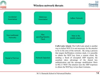M. S. Ramaiah School of Advanced Studies 14
Wireless network threats
Accidental
Association
Malicious
Association
Caffe Latte Attack: The Caffe Latte attack is another
way to defeat WEP. It is not necessary for the attacker
to be in the area of the network . By using a process
that targets theWindows wireless stack, it is possible
to obtain the WEP key from a remote client. By
sending a flood of encrypted ARP requests, the
assailant takes advantage of the shared key
authentication and the message modification flaws
in 802.11 WEP. The attacker uses the ARP responses
to obtain the WEP key in less than 6 minutes.
Adhoc Network
Non traditional
Networks
Mac
spoofing/Identity
Theft
Man in the
middle attacks
Denial of Service Network Injection
 
