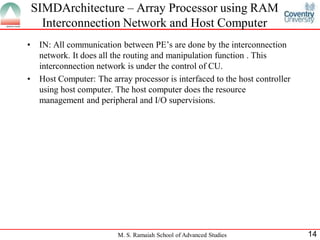 M. S. Ramaiah School of Advanced Studies 14
• IN: All communication between PE’s are done by the interconnection
network. It does all the routing and manipulation function . This
interconnection network is under the control of CU.
• Host Computer: The array processor is interfaced to the host controller
using host computer. The host computer does the resource
management and peripheral and I/O supervisions.
SIMDArchitecture – Array Processor using RAM
Interconnection Network and Host Computer
 
