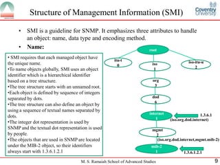 Structure of Management Information (SMI)

     •   SMI is a guideline for SNMP. It emphasizes three attributes to handle
         an object: name, data type and encoding method.
     •   Name:                                           root
• SMI requires that each managed object have
                                                      itu-t                                   iso-itu-u
the unique name.                                        0                  iso
                                                                                                  2
•To name objects globally, SMI uses an object                               1
identifier which is a hierarchical identifier
based on a tree structure.                                                 org
•The tree structure starts with an unnamed root.                            3
•Each object is defined by sequence of integers
separated by dots.                                                         dod
                                                                            6
•The tree structure can also define an object by
using a sequence of textual names separated by
                                                                         internet                    1.3.6.1
dots.                                                                        1      (iso.org.dod.internet)
•The integer dot representation is used by
SNMP and the textual dot representation is used                            mgmt
by people.                                                                  2
•The objects that are used in SNMP are located                               (iso.org.dod.internet,mgmt.mib-2)
under the MIB-2 object, so their identifiers                              mib-2
always start with 1.3.6.1.2.1                                               1              1.3.6.1.2.1

                                     M. S. Ramaiah School of Advanced Studies                                  9
 
