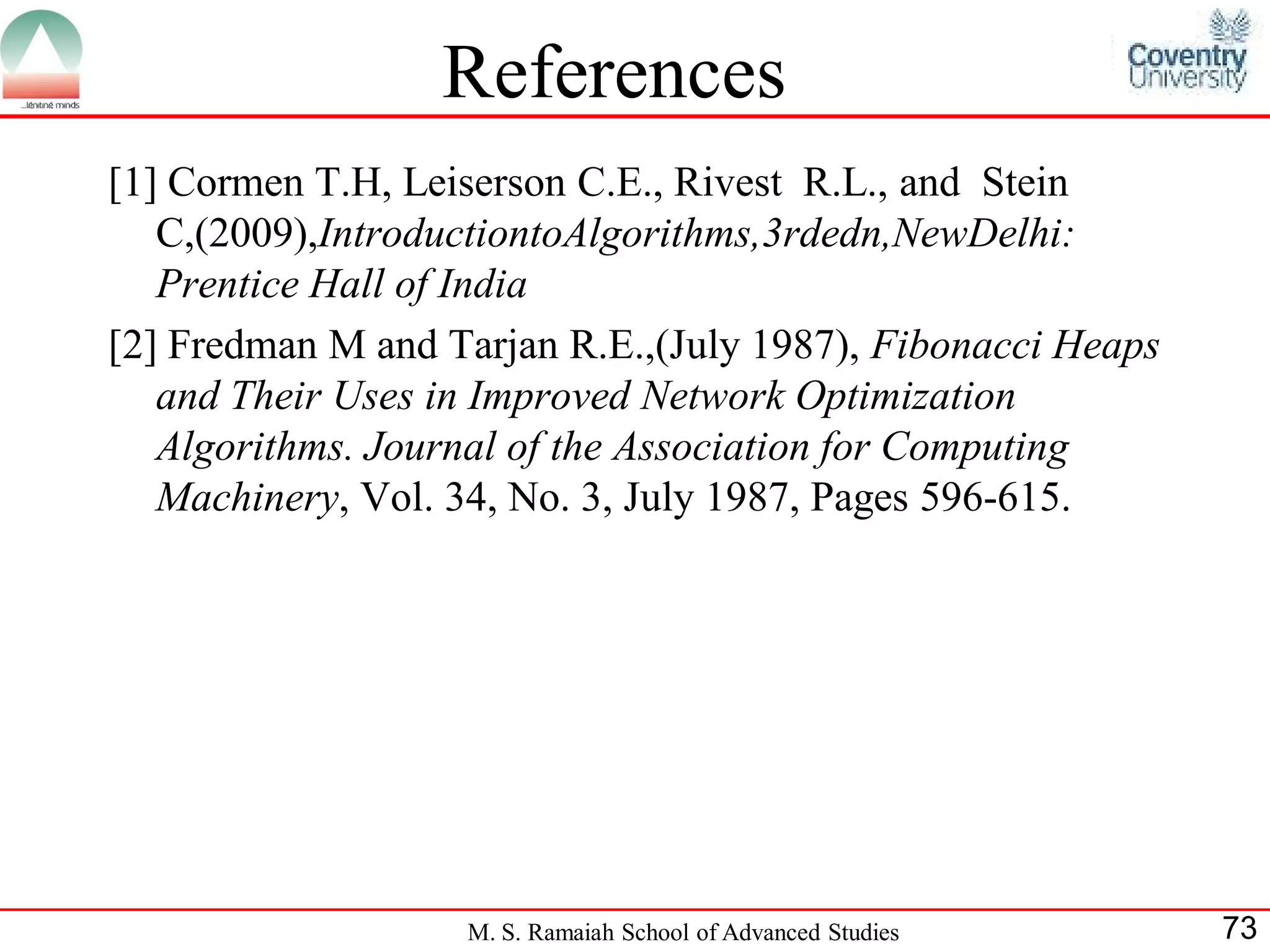 References
[1] Cormen T.H, Leiserson C.E., Rivest R.L., and Stein
   C,(2009),IntroductiontoAlgorithms,3rdedn,NewDelhi:
   Prentice Hall of India
[2] Fredman M and Tarjan R.E.,(July 1987), Fibonacci Heaps
   and Their Uses in Improved Network Optimization
   Algorithms. Journal of the Association for Computing
   Machinery, Vol. 34, No. 3, July 1987, Pages 596-615.




                   M. S. Ramaiah School of Advanced Studies   73
 