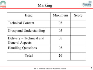 Marking 
Head Maximum Score 
Technical Content 05 
Grasp and Understanding 05 
Delivery – Technical and 
General Aspects 
05 
Handling Questions 05 
Total 20 
M. S. Ramaiah School of Advanced Studies 3 
 