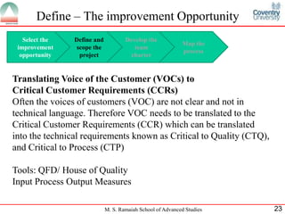 Define – The improvement Opportunity
   Select the   Define and           Develop the
                                                            Map the
 improvement     scope the              team
                                                            process
  opportunity     project             charter


Translating Voice of the Customer (VOCs) to
Critical Customer Requirements (CCRs)
Often the voices of customers (VOC) are not clear and not in
technical language. Therefore VOC needs to be translated to the
Critical Customer Requirements (CCR) which can be translated
into the technical requirements known as Critical to Quality (CTQ),
and Critical to Process (CTP)

Tools: QFD/ House of Quality
Input Process Output Measures

                             M. S. Ramaiah School of Advanced Studies   23
 