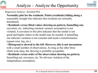 Analyze – Analyze the Opportunity
Regression Analysis : Residual Plot
 Normality plot for the residuals. Points (residuals) falling along a
 reasonably straight line indicates that residuals are normally
 distributed.
 • Residuals versus fitted values showing no pattern, funnelling out,
 curvature, etc. indicating constant variance assumption is not
 violated. A curvature in this plot indicates that the model is not
 good and higher orders in the model may be needed. A funnelling
 out indicates variation is not constant and needs a transformation
 (square root, log, etc.)
 • Histogram is skewed to the left. However, this is not uncommon
 with a small number of observations. As long as the other three
 charts look okay, the skewing is probably acceptable.
 • Residuals versus order of the observation showing no pattern,
 funnelling out, curvature, etc. No obvious violation of the
 independence assumption.


                              M. S. Ramaiah School of Advanced Studies   54
 