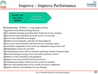 Improve – Improve Performance

        Identify and
                              Full scale
         Select Best
                            implementation
          Solution


Brainstorming : Problem1 : Long Approval Time
Suggestions from Brainstorming Session:
Use informal meeting procedure than formal for review meeting
Not all test cases should be given for review to Test lead
Peer review should be encouraged
Define review frequency and time for final approval
Use review tool to monitor and track review comments status
Automatic assignment of test cases on completion using review tool
Independent reviews by test lead
Communicate review time to customer and hence include in project plan
Provide training on using review tool and to perform reviews
Improve review checklists and guidelines
Approve test cases in batch and not all at once
Communicate product critical review results to customer
Review tool should email review results on review completion
Improve Review tool interface for user friendly

                                  M. S. Ramaiah School of Advanced Studies   58
 