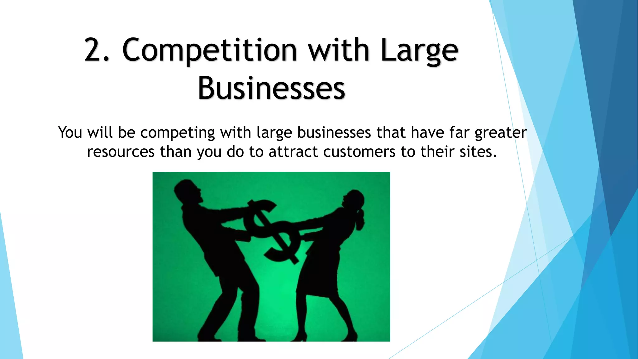 2. Competition with Large 
Businesses 
You will be competing with large businesses that have far greater 
resources than you do to attract customers to their sites. 
 