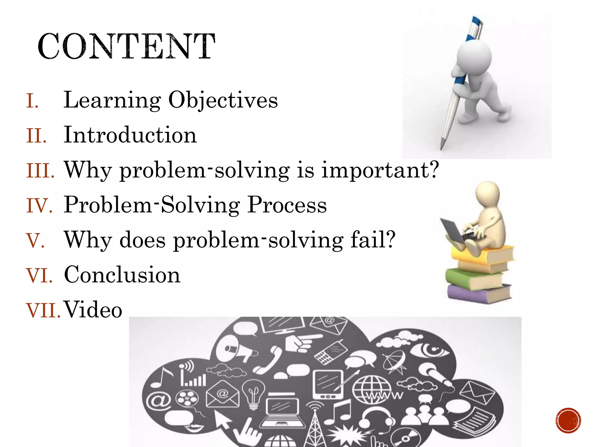 I. Learning Objectives 
II. Introduction 
III. Why problem-solving is important? 
IV. Problem-Solving Process 
V. Why does problem-solving fail? 
VI. Conclusion 
VII.Video 
 