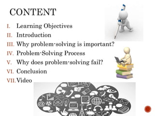 I. Learning Objectives 
II. Introduction 
III. Why problem-solving is important? 
IV. Problem-Solving Process 
V. Why does problem-solving fail? 
VI. Conclusion 
VII.Video 
 