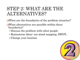 What are the boundaries of the problem situation? 
What alternatives are possible within these 
boundaries? 
 Discuss the problem with other people 
 Brainstorm ideas: use mind mapping, SWOT.. 
 Change your location 
 