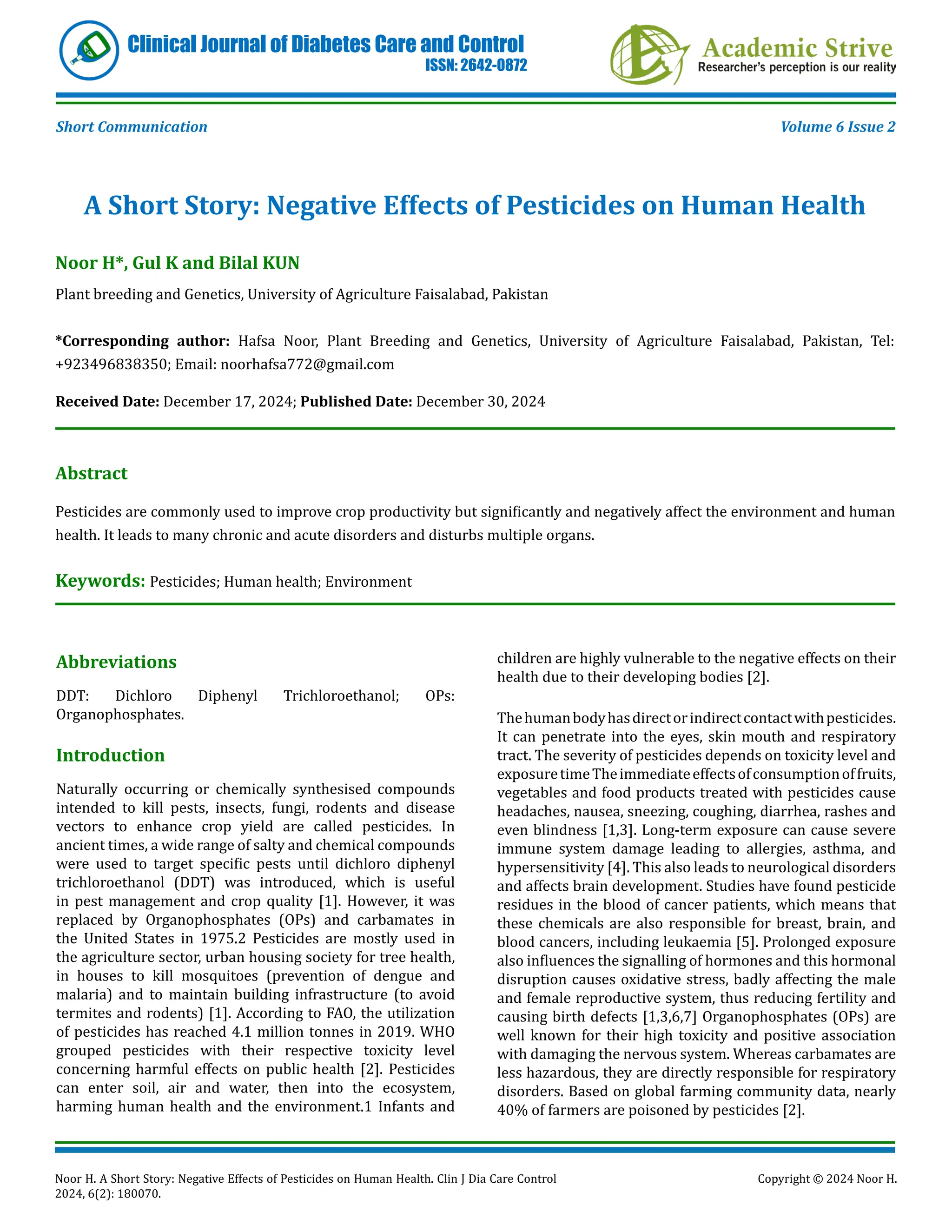 A Short Story: Negative Effects of Pesticides on Human Health | PDF