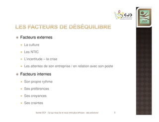 Facteurs externes
La culture
Les NTIC
L’incertitude – la crise
Les attentes de son entreprise / en relation avec son poste

Facteurs internes
Son propre rythme
Ses préférences
Ses croyances
Ses craintes
Soirée DCF - Ce qui nous lie et nous rend plus efficace - aéa solutions!

3

 