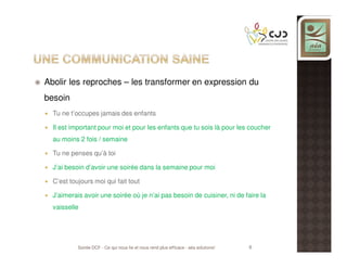Abolir les reproches – les transformer en expression du
besoin
Tu ne t’occupes jamais des enfants
Il est important pour moi et pour les enfants que tu sois là pour les coucher
au moins 2 fois / semaine
Tu ne penses qu’à toi
J’ai besoin d’avoir une soirée dans la semaine pour moi
C’est toujours moi qui fait tout
J’aimerais avoir une soirée où je n’ai pas besoin de cuisiner, ni de faire la
vaisselle

Soirée DCF - Ce qui nous lie et nous rend plus efficace - aéa solutions!

6

 