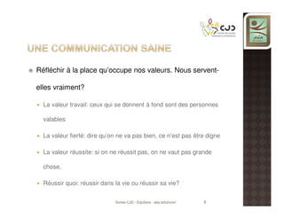 Réfléchir à la place qu’occupe nos valeurs. Nous serventelles vraiment?
La valeur travail: ceux qui se donnent à fond sont des personnes
valables
La valeur fierté: dire qu’on ne va pas bien, ce n’est pas être digne
La valeur réussite: si on ne réussit pas, on ne vaut pas grande
chose.
Réussir quoi: réussir dans la vie ou réussir sa vie?
Soirée CJD - Equilibre - aéa solutions!

8

 