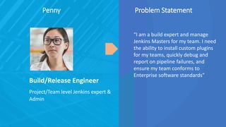 Penny
Build/Release Engineer
Project/Team level Jenkins expert &
Admin
“I am a build expert and manage
Jenkins Masters for my team. I need
the ability to install custom plugins
for my teams, quickly debug and
report on pipeline failures, and
ensure my team conforms to
Enterprise software standards”
Problem Statement
 